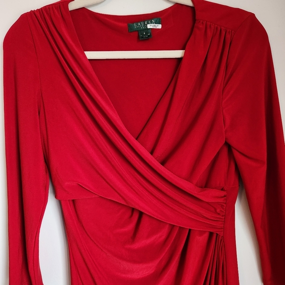 Lauren Ralph Lauren Size 8 Red Faux Wrap Long Sleeve Dress Knee Length Stretchy - Picture 3 of 12